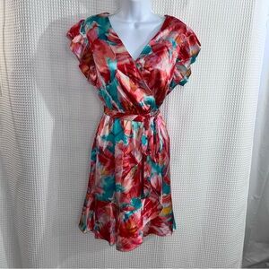 Nicole Miller Red and Teal Brushstroke Wrap Mini Dress size small